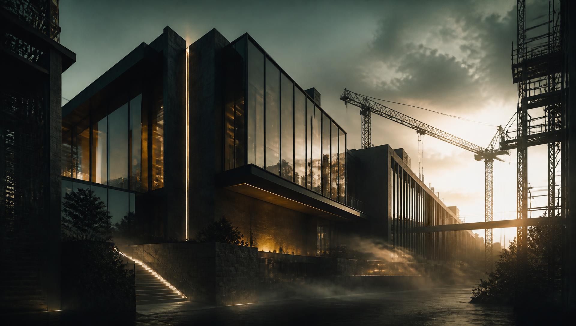 Architecture contemporaine et chantier au crépuscule